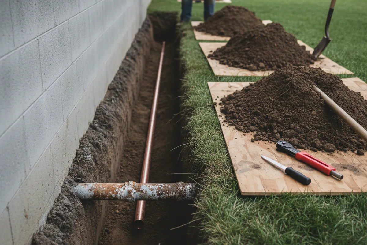 Excavated water line trench during Water Softener Installation in Hales Corners